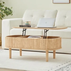 Fluted Lift Top Coffee Table with Hidden Compartment, Fully Assembled Wooden Center Table, Modern Oval Lift Tabletop