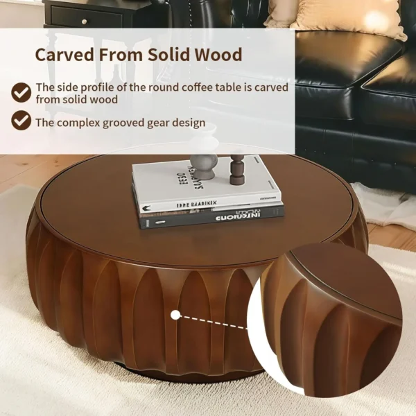 31.5'' Round Drum Coffee Table Rustic Farmhouse Wood Round Coffee Tables with Fluted Centry Tables for Living Room Brown - Image 6