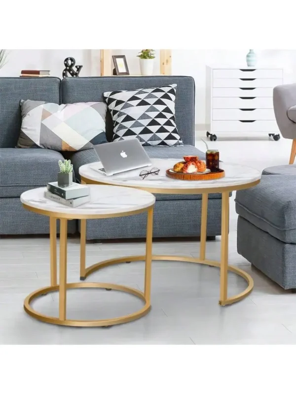 Coffee Table Nesting White Set of 2 Side Set Golden Frame Circular Round and Marble Pattern Wooden Tables Living Room Be - Image 2