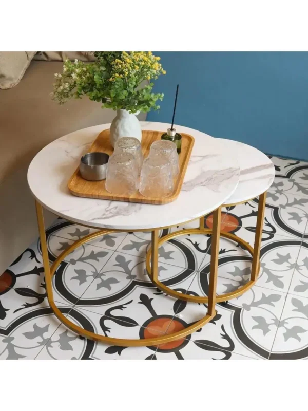 Coffee Table Nesting White Set of 2 Side Set Golden Frame Circular Round and Marble Pattern Wooden Tables Living Room Be - Image 6