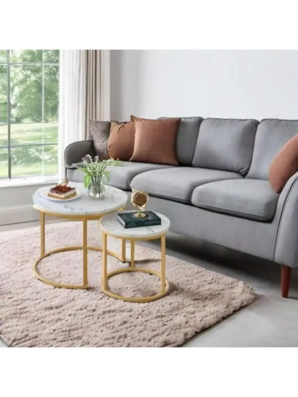 Coffee Table Nesting White Set of 2 Side Set Golden Frame Circular Round and Marble Pattern Wooden Tables Living Room Be - Image 5