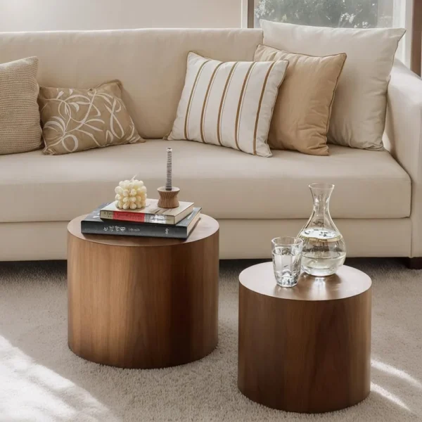 Nesting Coffee Table Set of 2, Modern Round Coffee Table with Non-Slip Feet, Walnut Wooden Circle Accent Tables for Small Spaces - Image 6
