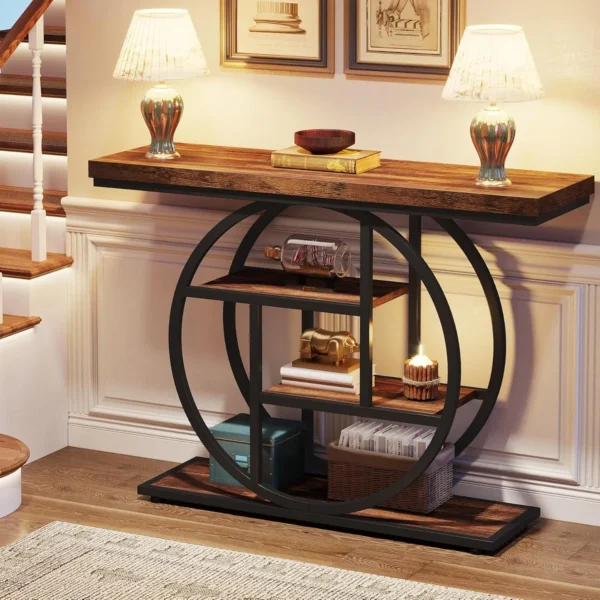 41.3" Console Table, 4-Tier Sofa Table Entryway Table with Circle Base, Narrow Wood Accent Tables with Storage Shelves - Image 4