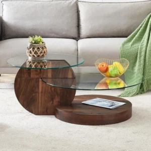 Glass Coffee Table, Modern Round Tempered Glass Coffee Tables for Living Room, 3-Tier Circle Walnut Coffee Table with Storage