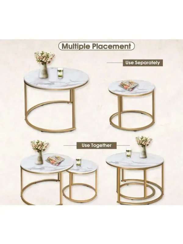 Coffee Table Nesting White Set of 2 Side Set Golden Frame Circular Round and Marble Pattern Wooden Tables Living Room Be - Image 4