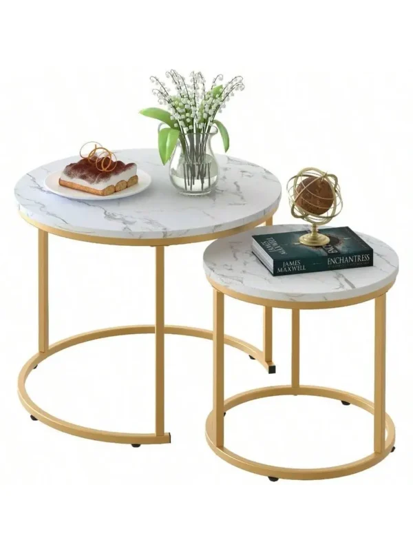 Coffee Table Nesting White Set of 2 Side Set Golden Frame Circular Round and Marble Pattern Wooden Tables Living Room Be