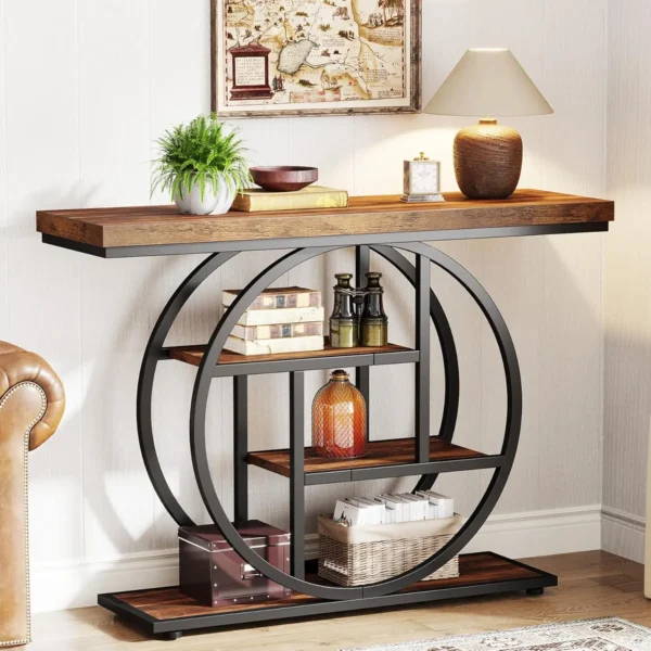 41.3" Console Table, 4-Tier Sofa Table Entryway Table with Circle Base, Narrow Wood Accent Tables with Storage Shelves