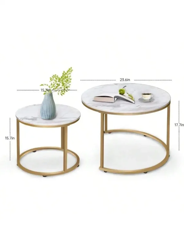 Coffee Table Nesting White Set of 2 Side Set Golden Frame Circular Round and Marble Pattern Wooden Tables Living Room Be - Image 3